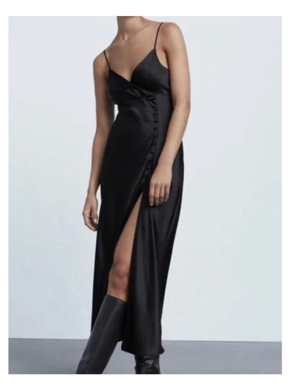 Women's ZARA Black Satin Midi Slip Dress with Slit M size Medium - Picture 2 of 10